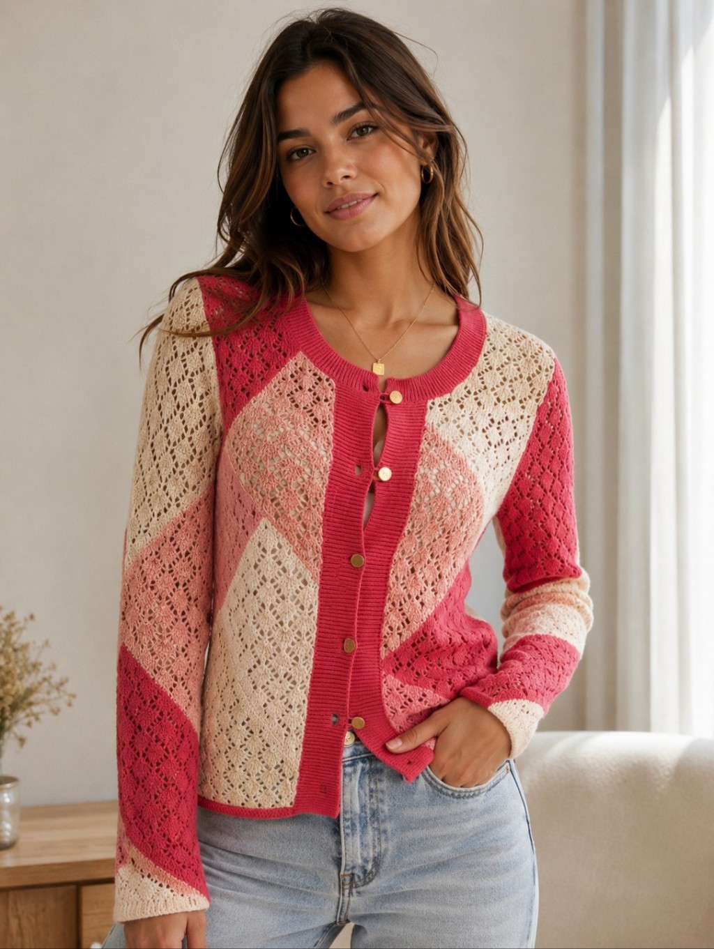 J Jill Crocheted Pink And Cream Women's Cardigan Sweater Size Large